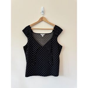 Conrad C Pleated Straps Black V Neck Blouse with White Polka Dots 2X